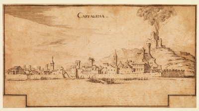 Cartagena, İspanya, 1642 dolaylarından bir görünüm (döşemiş kağıt üzerinde kalem ve kahverengi mürekkep, altta kahverengi mürekkep çerçeveleme çizgileri basılmış) by Ercole Frigoni Bazzicaluva