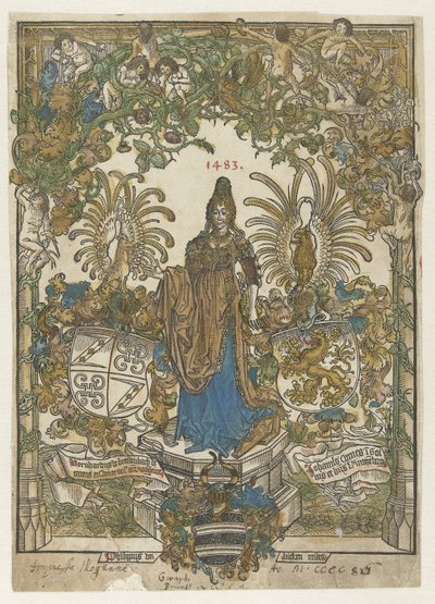 Bir çerçeve içinde Bernhard von Breydenbach ve Johannes Comes tarafından silahlarla bir kaide üzerinde bir kadın ile cephe parçaları by Erhard Reuwich