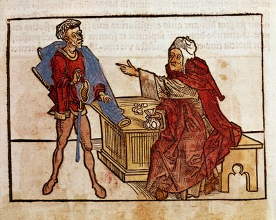 Bir Yahudi ile bir tefeci arasındaki işlem Bernard de Breydenbach (Breidenbach) Kutsal Topraklarında (1454-1497) yapılan hacdan sonra “peregrinatio in terram sanctam” seyahat kitabından alınan sayfa Erhard Reuwich tarafından yapılan gravürlerle resmedilmiş by Erhard Reuwich