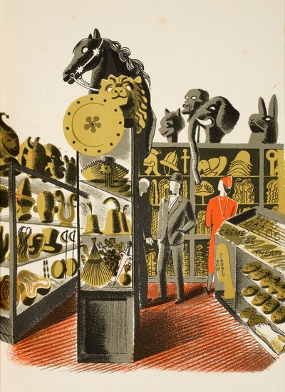 Tiyatro Kostümü ve Eşya Kiralama Dükkanı, JM Richards'ın 'High Street'inden çizim, Curwen Press, pub tarafından basılmıştır. Country Life tarafından, 1938 by Eric Ravilious