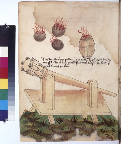 Tam sayfa: top, gülleler ve barut fıçısı, yazıtlı, c.1430 (renkli kalemle çizim) by Erich Lessing
