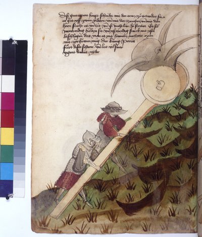 Tam sayfa: zırhlı iki asker tarafından itilen silahlı demir başlı savaş arabası, c.1430 (renkli kalem çizimi) by Erich Lessing