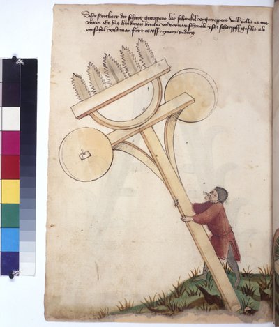 Tam sayfa: Önünde testere bıçakları olan savaş arabası, 1430 civarı (renkli kalem çizimi) by Erich Lessing