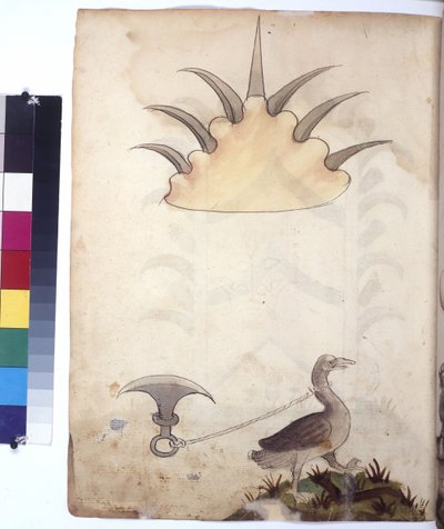 Tam sayfa: mızraklı hafriyat, altında bıçağa bağlı bir ördek, 1430 civarı (renkli kalem çizimi) by Erich Lessing