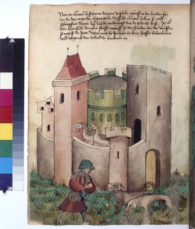 Tam sayfa: bir kalenin dışındaki köpekleri sakinleştirmek için talimatlar, c.1430 (renkli kalem çizimi) by Erich Lessing