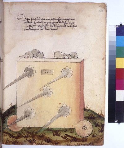 Tam sayfa: seyyar muhafız, arkasında mızraklı ve zırhlı askerler, 1430 civarı (renkli kalemle çizim) by Erich Lessing