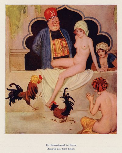Haremde Horoz Dövüşü (suluboya) by Erich Schutz