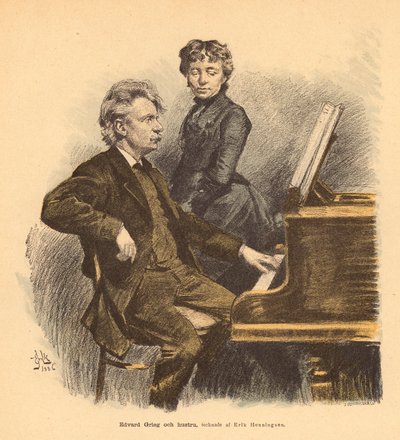 Norveçli besteci Edvard Grieg ve eşi (renkli taş baskı) by Erik Henningsen