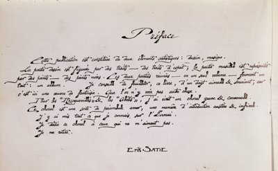 Çizimlerle birlikte notaların el yazması önsöz sayfası by Erik Satie