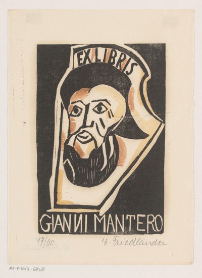 Ekslibris van Gianni Mantero by Erna Levy Friedländer (signed by artist)