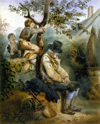 Uyuyan çiftçinin burnunun altında elma çalan çocuklar - Grenier, v.1840 tarafından litografi by Ernest (after) Grenier