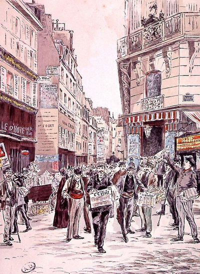 1893'te Paris sokaklarında gazete satıcıları, gravür by Ernest (after) Grenier