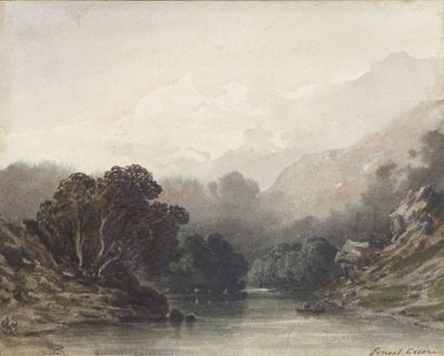Karanlık ağaçların gölgesinde, hafif tepelerin ve kar zirvelerinin arkasında dağ gölü by Ernest Cicéri