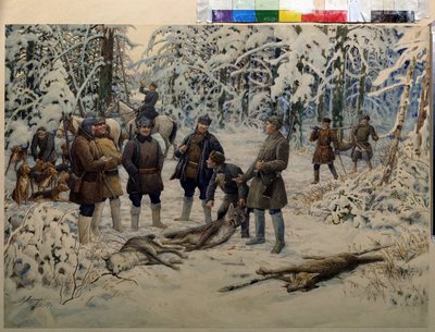 Başarılı Bir Avın Ardından. Avcı grupları, korna üfleyen bir binicinin işaretinde oyunu (kurtları) toplar. Ernest Ernestovich Lissner (1874-1941) tarafından tablo, tuval üzerine yağlı boya by Ernest Ernestovich Lissner