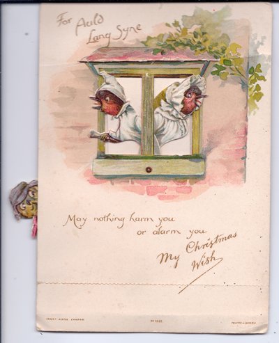 Gecelikli iki soyguncunun alarm halinde pencereden dışarı baktığı Viktorya dönemine ait bir Noel kartı, 1880 dolayları by Ernest Henry Griset