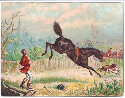 Avcıyı mahsur bırakarak dörtnala uzaklaşan yalnız bir atın tilki avını gösteren Viktorya dönemine ait bir tebrik kartı, 1880 dolayları by Ernest Henry Griset