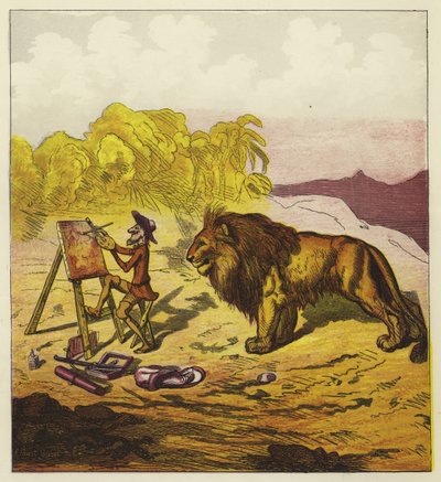 John Bold resim yaparken bir aslan tarafından şaşırttı by Ernest Henry Griset