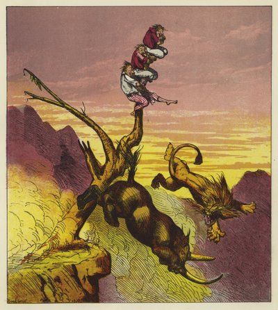 Aslan ve gergedan, üç denizciden ilk ısırığı kimin alacağını tartışırken uçurumdan aşağı düşer. by Ernest Henry Griset
