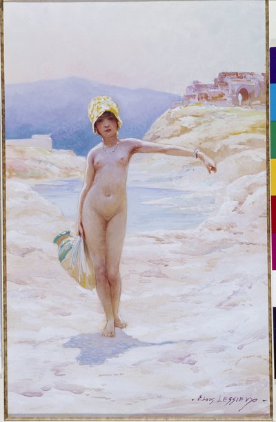 Cezayirli kızın testisi var Çölde bir vahanın su kaynağının yanında bir sürahi su takan şapkalı çıplak bir kız. Suluboya, Louis Ernest Lessieux (1874-1925) Zorunlu söz: Koleksiyon fondasyonu, de Provence, Marsilya