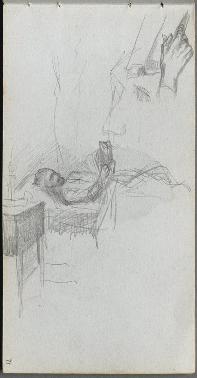 Eskiz defteri, sayfa 71: Yatakta Okuyan Bir Figürün Çalışması, Bir Elin Çalışması. by Jean Louis Ernest Meissonier