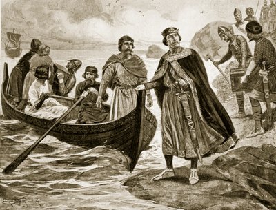 Ethelred the Unready, Normandiya'ya doğru yola çıkarken, 1013, 'Hutchinson's Story of the British Nation'dan bir çizim, c.1920 by Ernest Prater