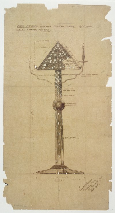 Andrews Kilisesi için Bone & Silver kakma Ebony Kürsü tasarımı, Roker 1906 (kağıt üzerine kalem ve mürekkep) by Ernest William Gimson