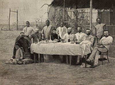 Boma, Demokratik Kongo Cumhuriyeti'ndeki İtalyan konsolosluğunda kölelik karşıtı toplum ziyafeti, L'Illustrazione Italiana'dan Giuseppe Corona'nın fotoğrafından Ernesto Mancastropa tarafından gravür, No 43, 26 Ekim by Ernesto Mancastroppa