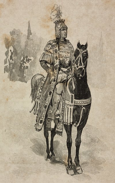 Aosta Dükü Emanuele Savoylu Filiberto, Umberto I ve Savoylu Margherita'nın gümüş düğünü vesilesiyle Villa Borghese turnuvasında Umberto Biancamano kostümüyle, Roma, İtalya by Ernesto Mancastroppa