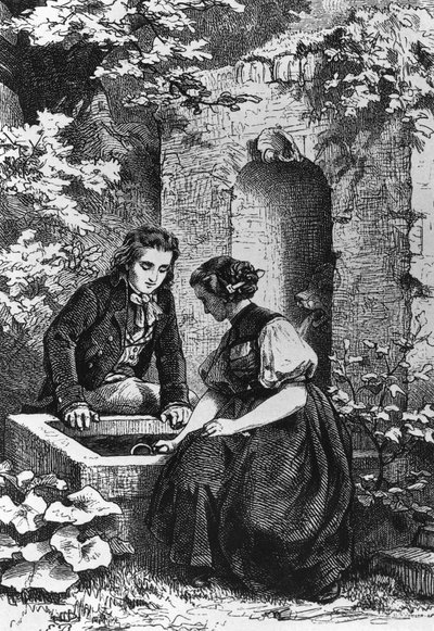 Çeşmede Hermann ve Dorothy, Hermann ve Dorothea için illüstrasyon, Johann Wolfgang von Goethe'nin idil (1749-1832), Ernst Bosch'un (1834-1917) çizim üstüne gravürü by Ernst Bosch