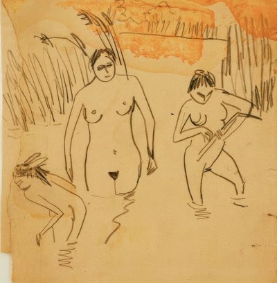 Moritzburg havuzlarında yıkananlar (solda Fränzi) by Ernst Ludwig Kirchner