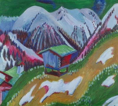 Bir dağ kulübesi olan dağ manzarası. 1922 civarında by Ernst Ludwig Kirchner