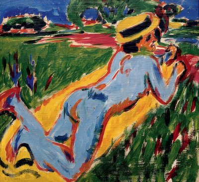 Hasır şapkayla mavi çıplak yatıyor. 1909 by Ernst Ludwig Kirchner
