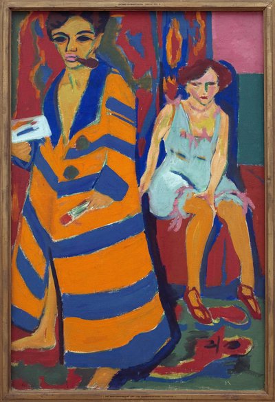 Bir modelle kendi kendine portre. Ernst Ludwig Kirchner (1880-1938), Tuval Üzeri Yağlıboya Tablo by Ernst Ludwig Kirchner
