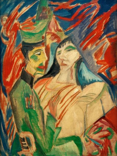 Asker ve kız renkli perdeler arasında by Ernst Ludwig Kirchner