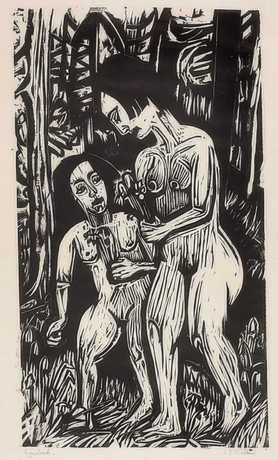 Ormanda çiçekli iki çıplak kız. 1923 by Ernst Ludwig Kirchner
