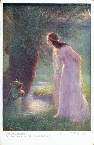 Kurbağa Prens gölette bulduğu altın topu Prenses#39;e verir. (20. yüzyılın başları) by Ernst Payer