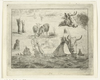 Deniz manzarası, iki inek başı, koyun, köpek ve iki bacaklı çalışma sayfası by Ernst Willem Jan Bagelaar