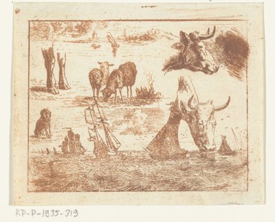 Deniz manzarası, iki inek başı, koyun, köpek ve iki bacaklı çalışma sayfası by Ernst Willem Jan Bagelaar