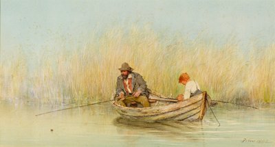 Tekneden Balık Tutan Bir Adam ve Bir Çocuğun Çalışması by Erskine Nicol