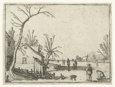 Donmuş nehir kenarında çiftlik ve buzda patenciler Küçük manzaralar (dizi başlığı) by Esaias van de Velde