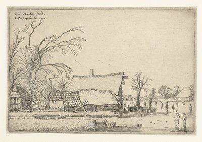 Patencilerle donmuş nehir kenarında çiftlik Peyzaj manzaraları (dizi başlığı) by Esaias van de Velde