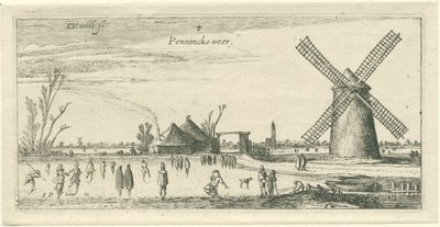 Penningsveer yakınlarındaki bir değirmende buz üzerinde patenciler Manzaralar (dizi başlığı) by Esaias van de Velde