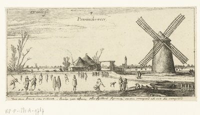 Penningsveer Manzaraları yakınlarındaki bir değirmende buz üzerinde patenciler (seri başlığı) by Esaias van de Velde