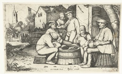 Bir handa bir varilin etrafında oturan altı köylü by Esaias van de Velde