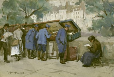Seine boyunca Fransız askerleri ve Bouquinistes, 1917 (wc açık gri kağıt üzerinde) by Ethel Hunter