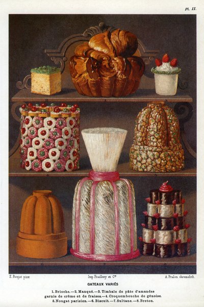 Pastalar değişiklik gösterir: tatlı çörek, eksiklik, krema ve çilek ile kaplanmış badem ezmesi timpani, croquenbouche de genoise, Paris nugası, bisküvi, sultane, Breton - Jules Gouffe