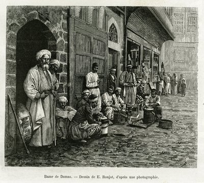 Şam çarşısı. E.Ronjat tarafından yapılan gravür, Halk Eğitimi Bakanlığı tarafından bir misyonla görevlendirilen Lyon Tıp Fakültesi dekanı M. Lortet tarafından Tour du monde