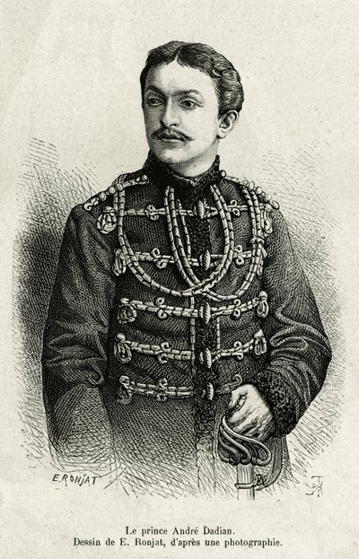 Mingrelie Prensi Andre Dadian (1850-1910), Rus ordusunun generali ve satranç şampiyonu. E.Ronjat tarafından yapılan gravür, Un tour en Mingrelie (Gürcistan bölgesi, Kafkaslar ve Rion arasında uzanan) hikayesini göstermek için Carla Serena tarafından, 1876- by Etienne Antoine Eugene Ronjat