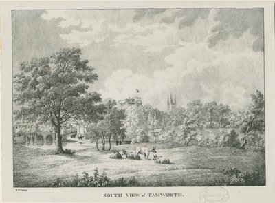 Tamworth - Güneyden Uzak Görünüm: taş baskılı, nd [1796-1865] by Etienne Bruno Hamel