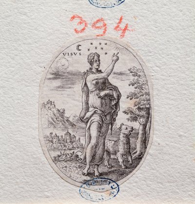 Görme alegorisi, bir kadın gökyüzünü gösterir (Gravür by Etienne Delaune